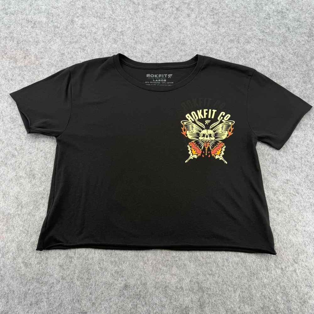 Rokfit Active Streetwear Black Crop Top Skull Butterfly Graphic Womens Large